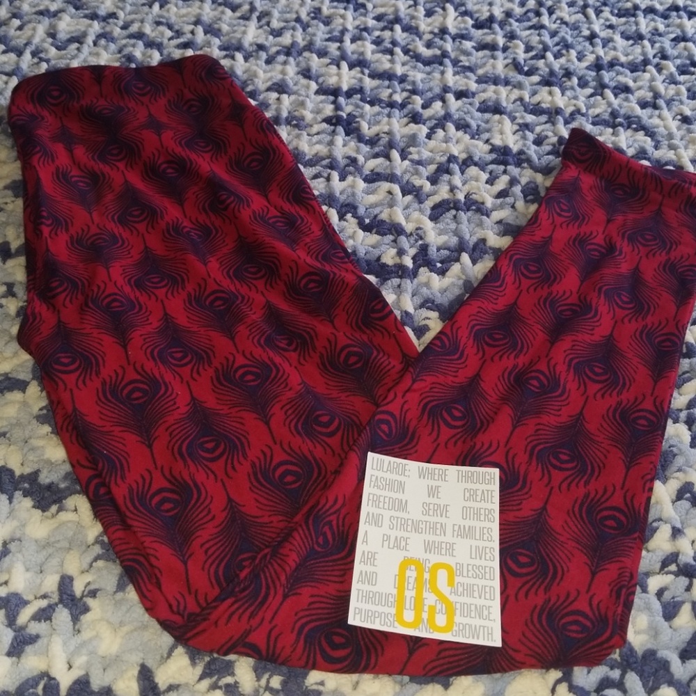 OS red with blue feathers leggings NWT